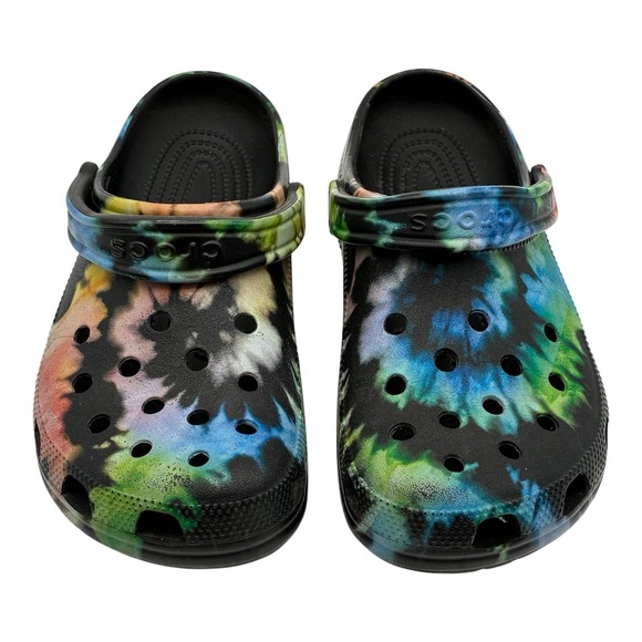 CROCS Shoes - Crocs Classic Black Tie Dye Graphic Clogs Flips Slides Men's 6 Women's 8
